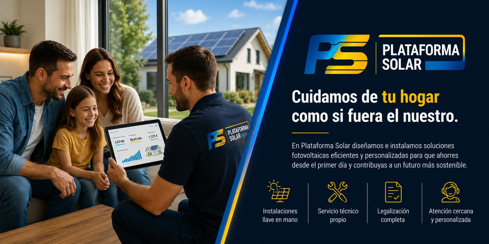 Familia asesorada por un técnico de Plataforma Solar sobre una instalación fotovoltaica